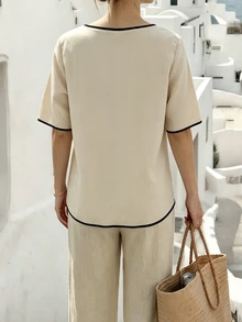 Louniche 女款對比飾邊不對稱寬鬆襯衫 教師節風格 極簡法式優雅上衣 春夏早午餐辦公穿搭 黑奶油色 - 卡其色 - 查看 2