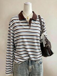 Lalippa Striped Digital Print Fashion Minimalist Women's Lapel Half-Button Long Sleeve Regular Fit T-Shirt, Gift For Friends - Multicolor - View 1