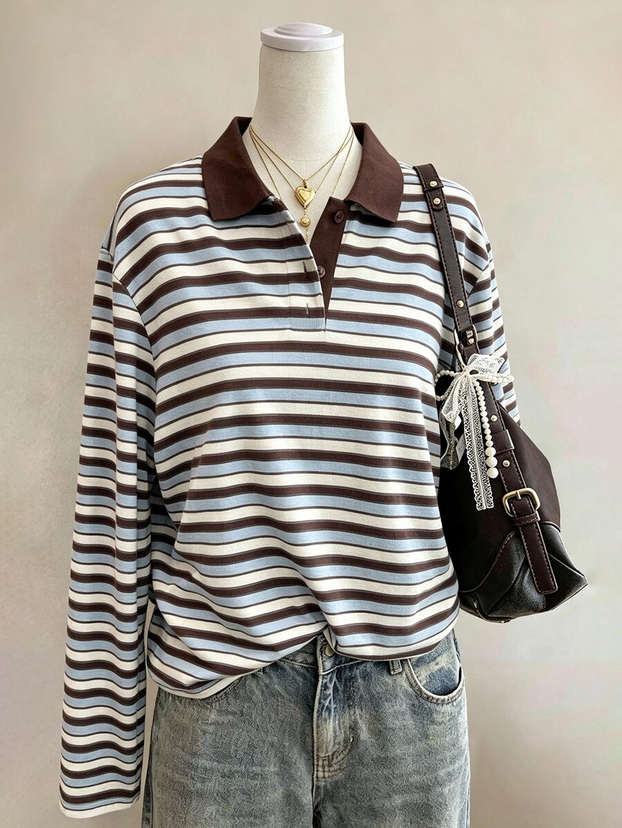 Lalippa Striped Digital Print Fashion Minimalist Women's Lapel Half-Button Long Sleeve Regular Fit T-Shirt, Gift For Friends - Multicolor - View 1