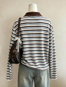 Lalippa Striped Digital Print Fashion Minimalist Women's Lapel Half-Button Long Sleeve Regular Fit T-Shirt, Gift For Friends - Multicolor - View 2