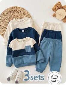 SHEIN Baby Boy Contrast Color Knit Soft Round Neck Long Sleeve Pullover And Elastic Waist Winter Pants Set Pcs - Blue - View 1