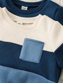 SHEIN Baby Boy Contrast Color Knit Soft Round Neck Long Sleeve Pullover And Elastic Waist Winter Pants Set Pcs - Blue - View 3