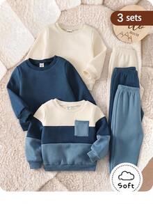 SHEIN Baby Boy Contrast Color Knit Soft Round Neck Long Sleeve Pullover And Elastic Waist Winter Pants Set Pcs - Blue - View 11