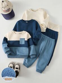 SHEIN Baby Boy Contrast Color Knit Soft Round Neck Long Sleeve Pullover And Elastic Waist Winter Pants Set Pcs - Blue - View 9