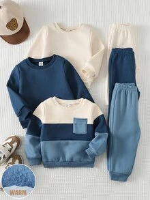 SHEIN Baby Boy Contrast Color Knit Soft Round Neck Long Sleeve Pullover And Elastic Waist Winter Pants Set Pcs - Blue - View 12