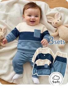 SHEIN Baby Boy Contrast Color Knit Soft Round Neck Long Sleeve Pullover And Elastic Waist Winter Pants Set Pcs - Blue - View 10
