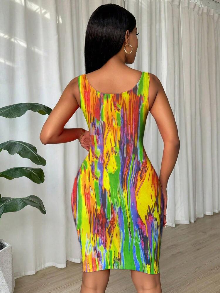 Eryvara Tie Dye Pleated Slim Fit Sleeveless Bodycon Dress For New Year Clothes - Green - View 2