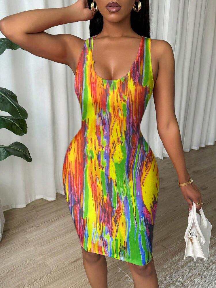 Eryvara Tie Dye Pleated Slim Fit Sleeveless Bodycon Dress For New Year Clothes - Green - View 4
