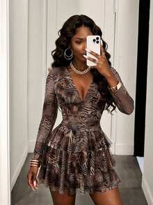 Eryvara Women's Leopard Print Ruched Waist Multi-Layered Mesh Panel Dress,Autumn And WinterDresses For Women,Sexy And Fashionable Party Dress - Brown - View 3