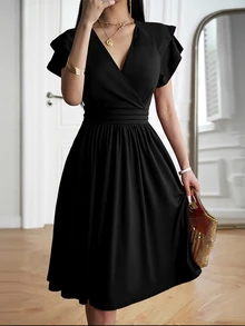 SHEIN Women's Solid Color Crossover V-Neck Raglan Sleeve Cinched Waist Mid-Length Elegant Dress - Black - View 5