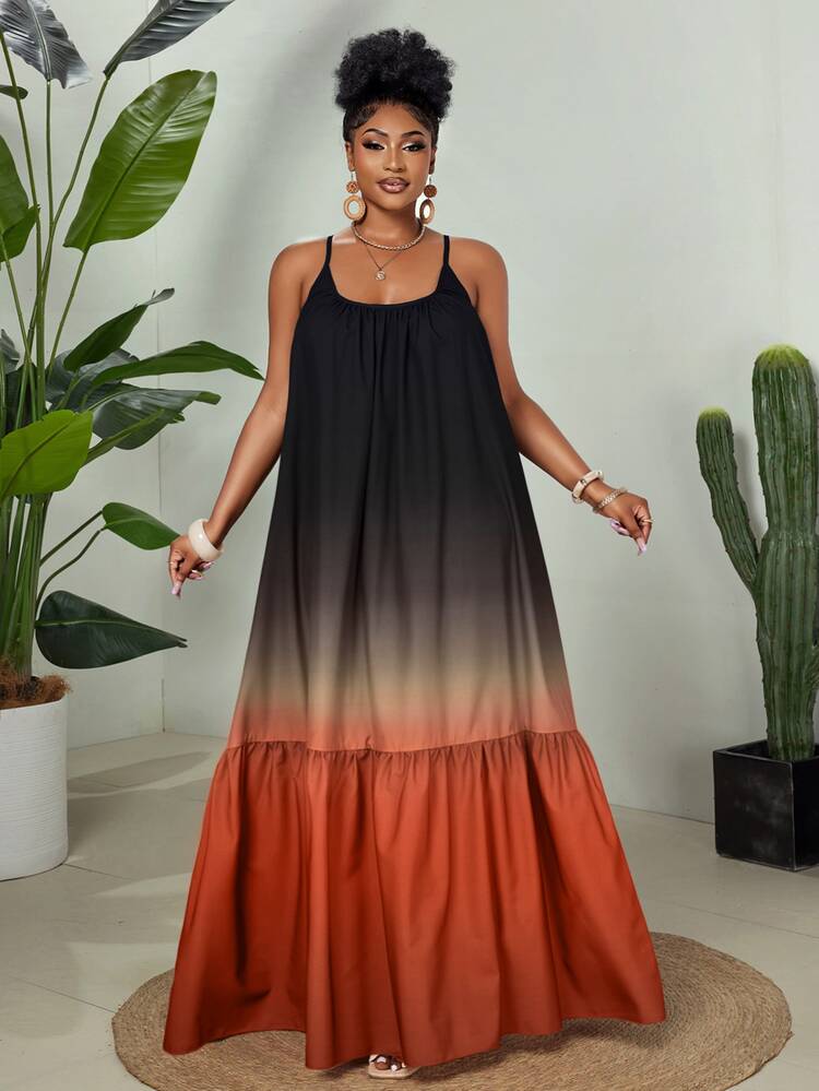 Eryvara Women's Black And Orange Summer Boho Holiday Vacation Holiday Spaghetti Strap Round Neck Tie-Dye Print Patchwork Maxi A-Line Ruffle Hem Long Dress - Red - View 6