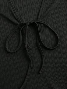 SHEIN 纯色纹理圆领长袖紧身开衩连衣裙长款女装 - 黑色 - 查看 6
