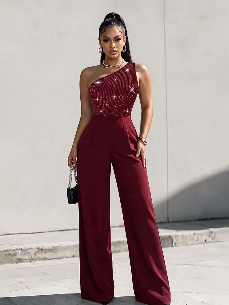 burgundy jumpsuit dress Eryvara Women Summer Elegant Sequin One Shoulder Jumpsuit,Wide Leg Long Jumpsuits Night Out Party Autumn,Fitted Waist Mal Wedding Guest Outfit Exclusion_9.16.26_Email 80cm (31 Modest Beige Satin Prom Primary color:Off white