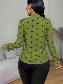 Eryvara Heart Print Butterfly Sleeve Tie Front Long Sleeve Women Shirt - Green - View 2