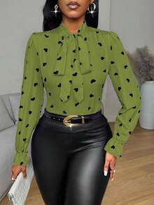 Eryvara Heart Print Butterfly Sleeve Tie Front Long Sleeve Women Shirt - Green - View 3