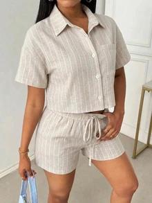 SHEIN 女款夏季休閒條紋襯衫與短褲兩件套 - 卡其色 - 查看 6