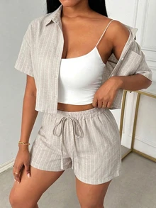 SHEIN 女款夏季休閒條紋襯衫與短褲兩件套 - 卡其色 - 查看 4