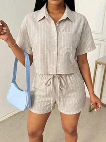 SHEIN 女款夏季休閒條紋襯衫與短褲兩件套 - 卡其色 - 查看 5