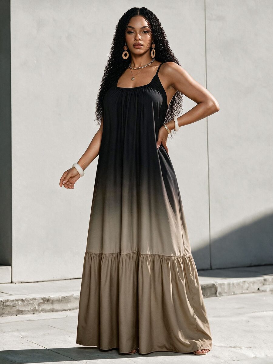 Eryvara 女士休闲度假沙滩旅行吊带圆领彩色扎染印花波西米亚风拼接A字荷叶边长裙,适合所有季节 - 彩色 - 查看 1