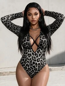 Eryvara Women Summer Grey Leopard Print Long Sleeve Bodysuit, Hollow-Out Asymmetrical Design, Elegant Sexy Night Out Club Party Pool Party S, Autumn Bodycon - Multicolor - View 1