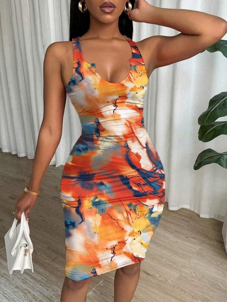Eryvara Tie-Dye Print Pleated Scoop Neck Backless Casual Sleeveless Dress - Orange - View 3