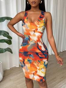 Eryvara Tie-Dye Print Pleated Scoop Neck Backless Casual Sleeveless Dress - Orange - View 6
