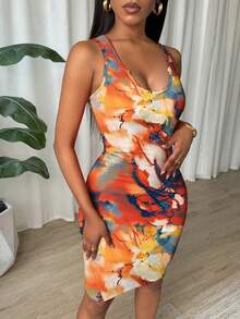 Eryvara Tie-Dye Print Pleated Scoop Neck Backless Casual Sleeveless Dress - Orange - View 4