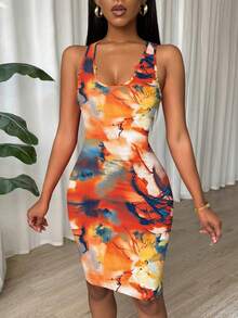 Eryvara Tie-Dye Print Pleated Scoop Neck Backless Casual Sleeveless Dress - Orange - View 8
