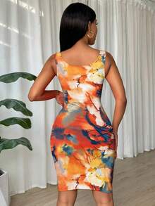 Eryvara Tie-Dye Print Pleated Scoop Neck Backless Casual Sleeveless Dress - Orange - View 2