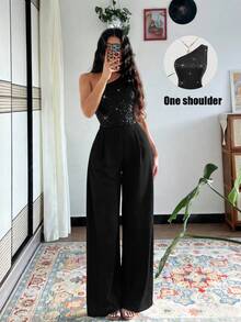 Eryvara 女士黑色亮片露肩修身长款连体裤，拉链设计，性感派对装扮，夜店装扮，春夏新款装扮，情人节约会装扮，生日装扮，泳池派对装扮，舞会装扮，演唱会装扮，商务通勤装扮，婚礼宾客优雅浪漫长款连体裤 - 黑色 - 查看 9