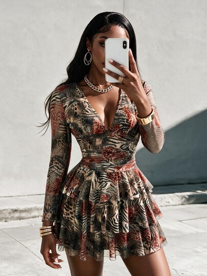 Eryvara Women's Leopard Print Ruched Waist Multi-Layered Mesh Panel Dress,Autumn And WinterDresses For Women,Sexy And Fashionable Party Dress