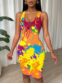 Eryvara Women's Fashionable Tie-Dye Print Bodycon Camisole Dress, Summer - Multicolor - View 7