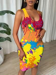 Eryvara Women's Fashionable Tie-Dye Print Bodycon Camisole Dress, Summer - Multicolor - View 4