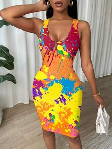 Eryvara Women's Fashionable Tie-Dye Print Bodycon Camisole Dress, Summer - Multicolor - View 6