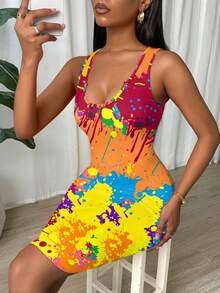 Eryvara Women's Fashionable Tie-Dye Print Bodycon Camisole Dress, Summer - Multicolor - View 5