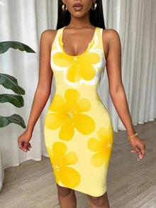 Eryvara Women's Floral Print Ruched Waist Short Dress - Yellow - View 8