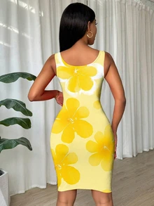 Eryvara Women's Floral Print Ruched Waist Short Dress - Yellow - View 2