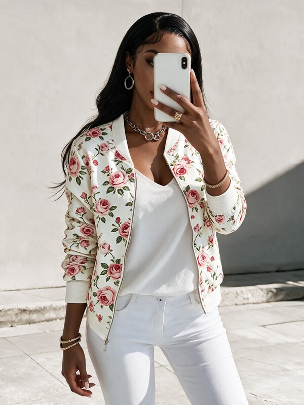 SHEIN جاكيت نسائية كاجوال مطبوعة بزهور للتنقل مع سحاب