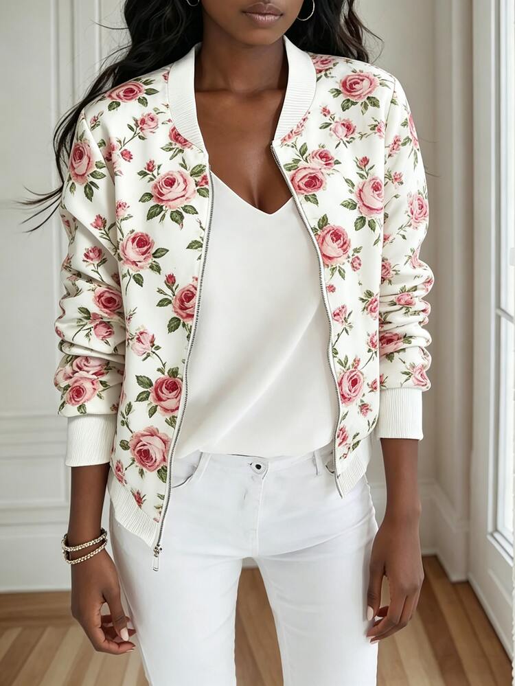 SHEIN Women's Casual Commuter Floral Print Zip-Up Jacket - Multicolor - View 8