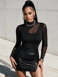 Eryvara Women's Sexy Mesh Patchwork Slim Fit T-Shirt, Suitable For Spring, Summer, Autumn - Black - View 1