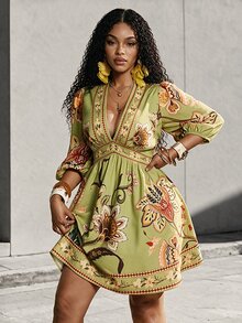 SHEIN Women's Deep V-Neck Floral Print Ruched Casual Tropical Party Vacation Mini Dress Green Floral Autumn - Green - View 1