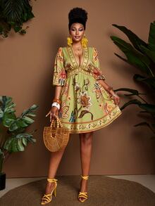 SHEIN Women's Deep V-Neck Floral Print Ruched Casual Tropical Party Vacation Mini Dress Green Floral Autumn - Green - View 7