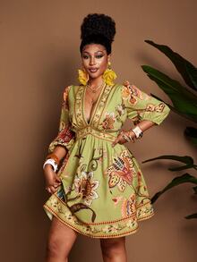 SHEIN Women's Deep V-Neck Floral Print Ruched Casual Tropical Party Vacation Mini Dress Green Floral Autumn - Green - View 3