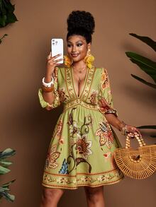 SHEIN Women's Deep V-Neck Floral Print Ruched Casual Tropical Party Vacation Mini Dress Green Floral Autumn - Green - View 6