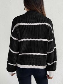 Balvessa Striped Pattern Drop Shoulder Sweater,Long Sleeve Tops Knit Pullover Fall Winter Sweater - Black - View 2