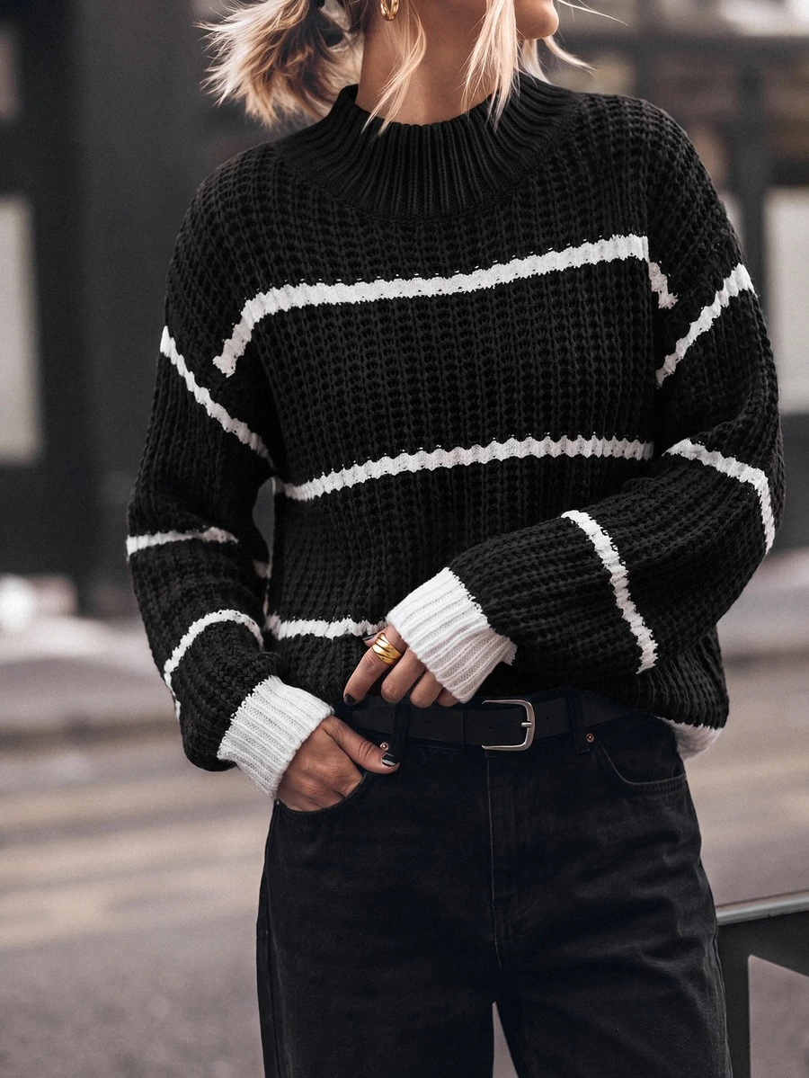 Balvessa Striped Pattern Drop Shoulder Sweater,Long Sleeve Tops Knit Pullover Fall Winter Sweater - Black - View 1