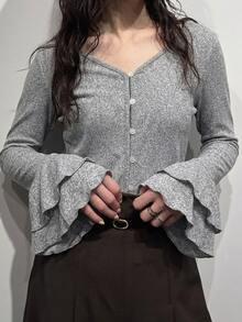 FRIFUL Women's Solid Color Casual Versatile Daily Wear T-Shirt Fall - Grey - View 1