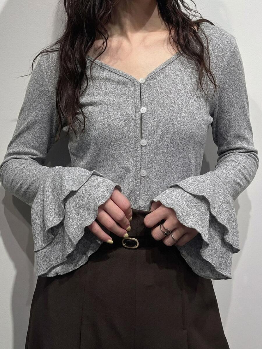 FRIFUL Women's Solid Color Casual Versatile Daily Wear T-Shirt Fall - Grey - View 1