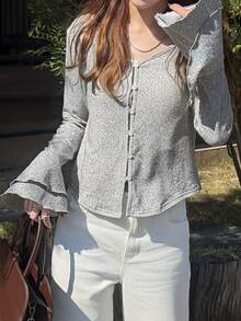 FRIFUL Women's Solid Color Casual Versatile Daily Wear T-Shirt Fall - Grey - View 6