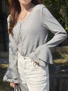 FRIFUL Women's Solid Color Casual Versatile Daily Wear T-Shirt Fall - Grey - View 5